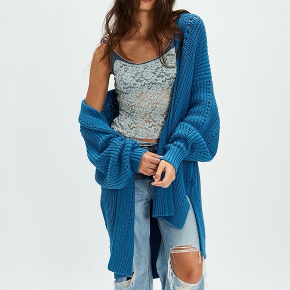 Free People Nightingale Cardigan Open Knit Oversized In Mint Green - Picture 7 of 7